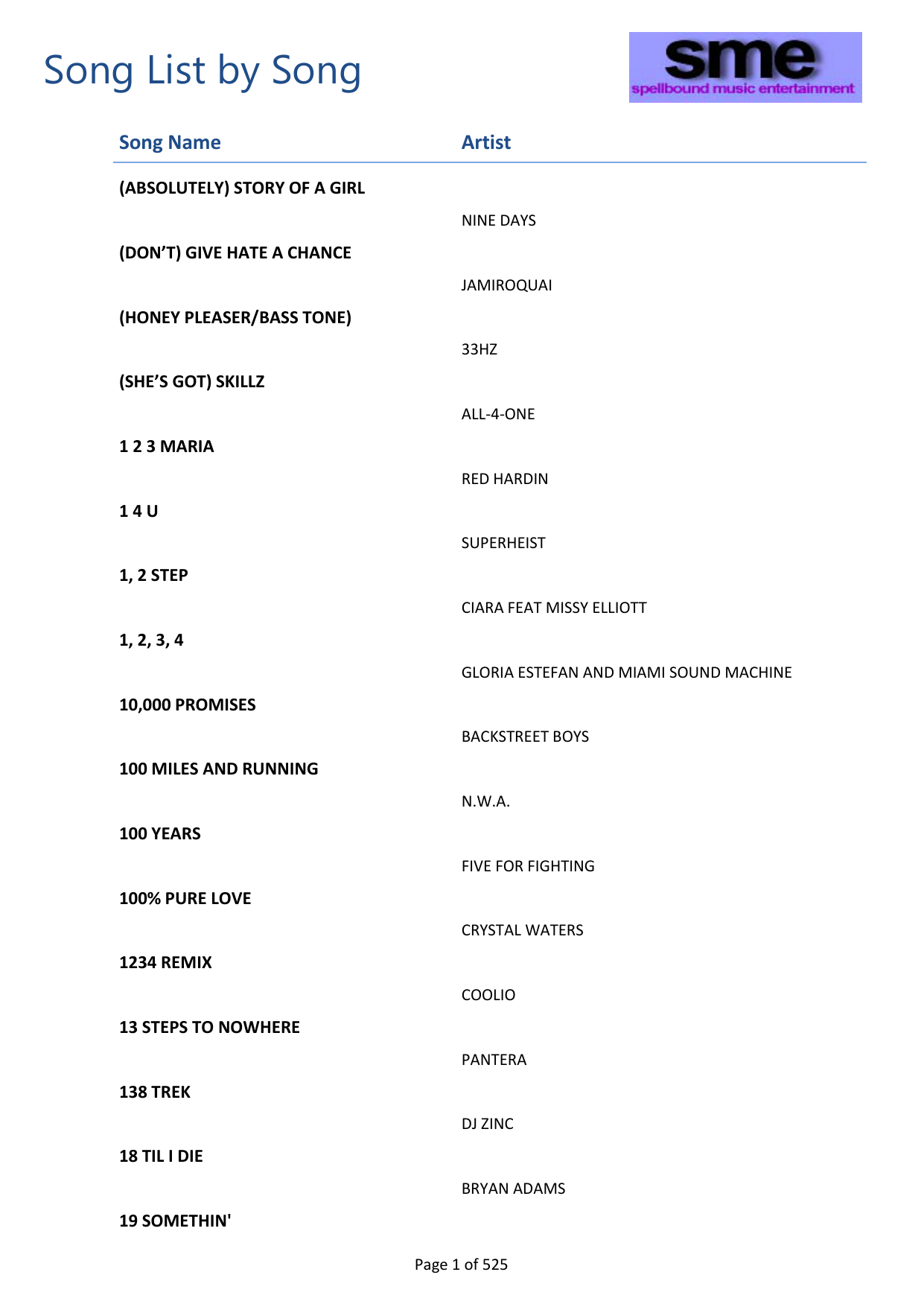 Song List by Song - spellboundmusic.net