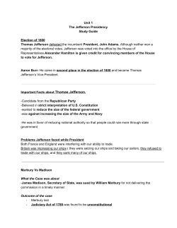 Unit 1 The Jefferson Presidency Study Guide Election of 1800