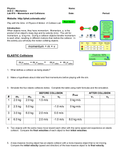 ELASTIC Collisions # m1 m2 v1 v2 v1 v2 1 2.0 kg 2.0 kg 1.5 m/s 0 kg