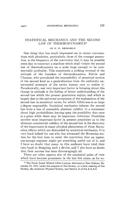 225 STATISTICAL MECHANICS AND THE SECOND LAW OF
