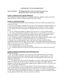 answer key to plagiarism quiz
