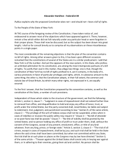 Alexander Hamilton - Federalist 84 Publius explains why the