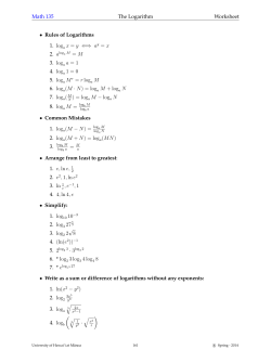 Math 135 The Logarithm Worksheet &bull; Rules of Logarithms 1. log a x