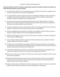 1-18-17 Worksheet Writing and Solving Equations