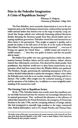 Fries in the Federalist Imagination: A Crisis of Republican Society*