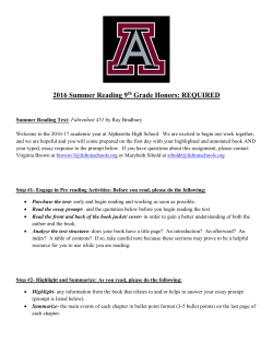 2016 Summer Reading 9th Grade Honors: REQUIRED