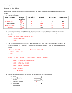 Review for Unit 1 Test 1 Isotope name Isotope notation Atomic