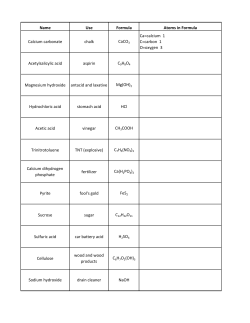 Name Use Formula Atoms in Formula Calcium carbonate chalk