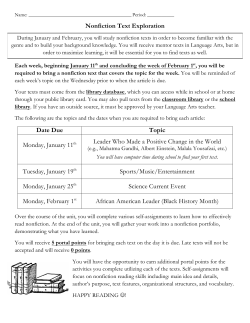 Nonfiction Text Exploration Date Due Topic Monday, January 11th