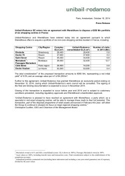 Agreement with Wereldhave to sell a &euro;850 Mn portfolio of 6