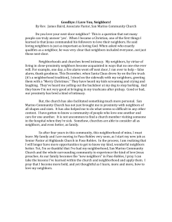 Goodbye: I Love You, Neighbors! By Rev. James Baird, Associate