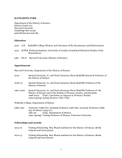 KATHARINE PARK Department of the History of Science Science