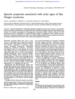 Speech symptoms associated with early signs of Shy Drager