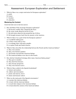 Assessment: European Exploration and Settlement