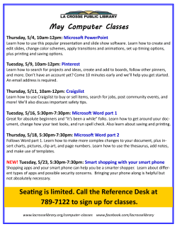 Seating is limited. Call the Reference Desk at 789