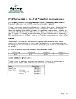 2012 Claim prices for tree fruit Production Insurance plans