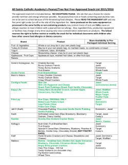 Saints Catholic Academy`s Peanut/Tree Nut Free Approved Snack