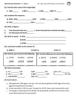 Q1: Find the place value of the ringed digit. a. 5 3 8 ______ b. 9 6 4