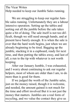 The Vicar Writes Help needed to keep our Jumble Sales