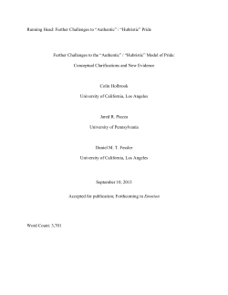 Running Head: Further Challenges to &ldquo;Authentic&rdquo; / &ldquo;Hubristic&rdquo; Pride