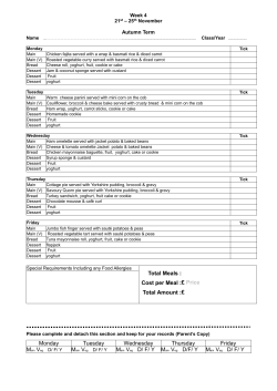 Total Meals : Cost per Meal : Total Amount : &pound; Price &pound; Monday
