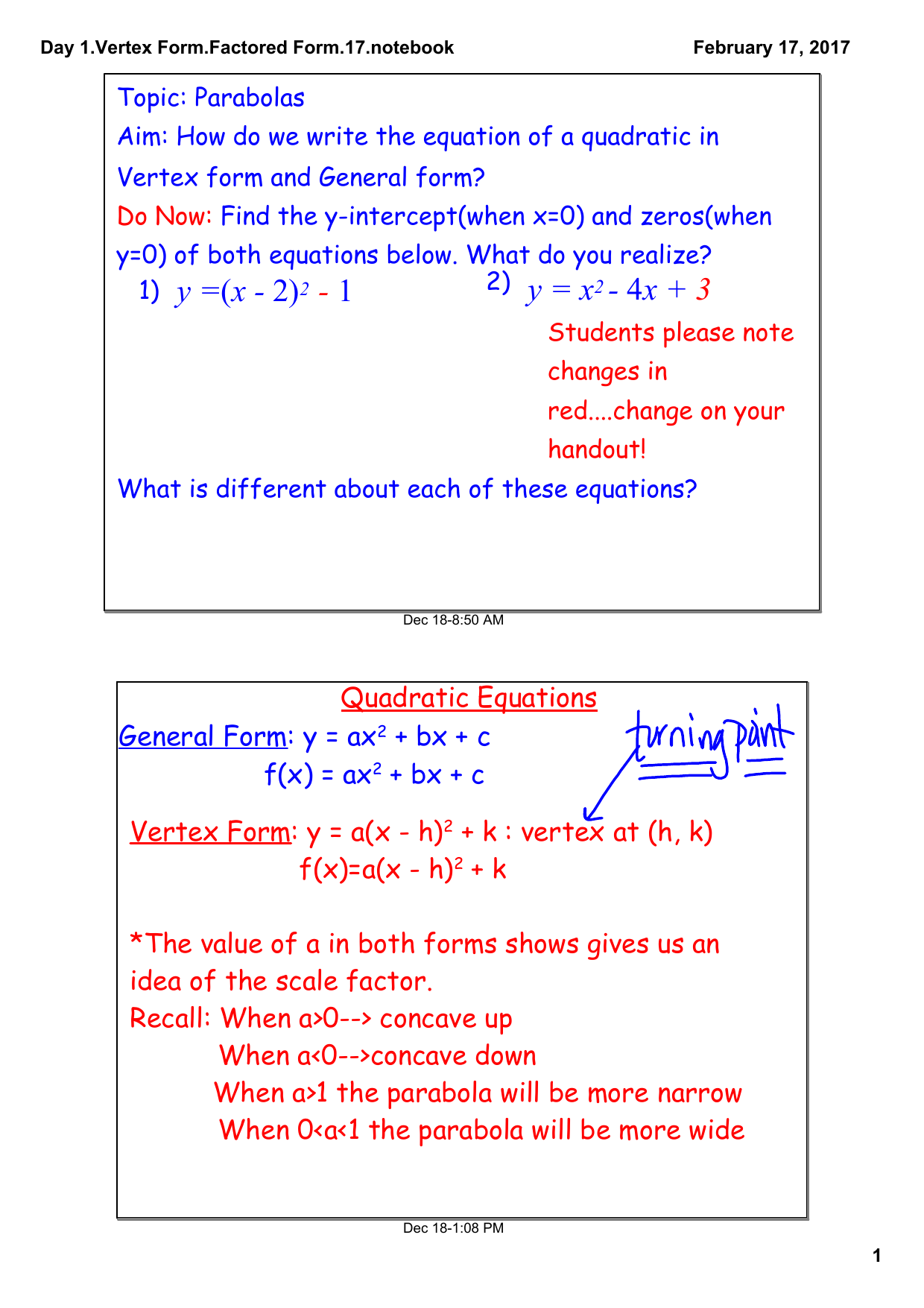 Day 1 Vertex Form Factored Form 17 Notebook