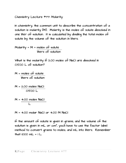 1 | Page Chemistry Lecture #77 Chemistry Lecture #77: Molarity In