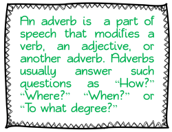 An adverb is a part of speech that modifies a verb, an adjective, or