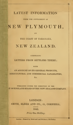 Latest information from the settlement of New Plymouth, on the coast