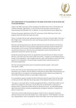 20th anniversary of the awarding of the nobel peace prize to fw de