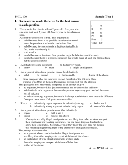 PHIL 100 Sample Test 1 I. On Scantron, mark the letter