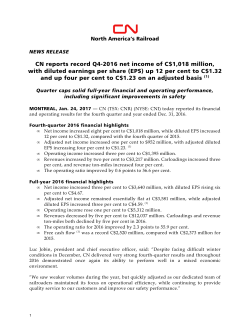 CN reports record Q4-2016 net income of C$1,018 million, with