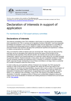 Declaration of interests in support of application for