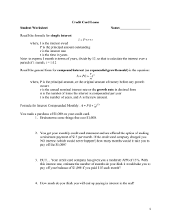 1 Credit Card Loans Student Worksheet Name: Recall the formula