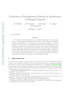 Production of Entanglement Entropy by Decoherence in Biological