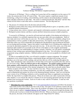 AP Biology Summer Assignment 2012