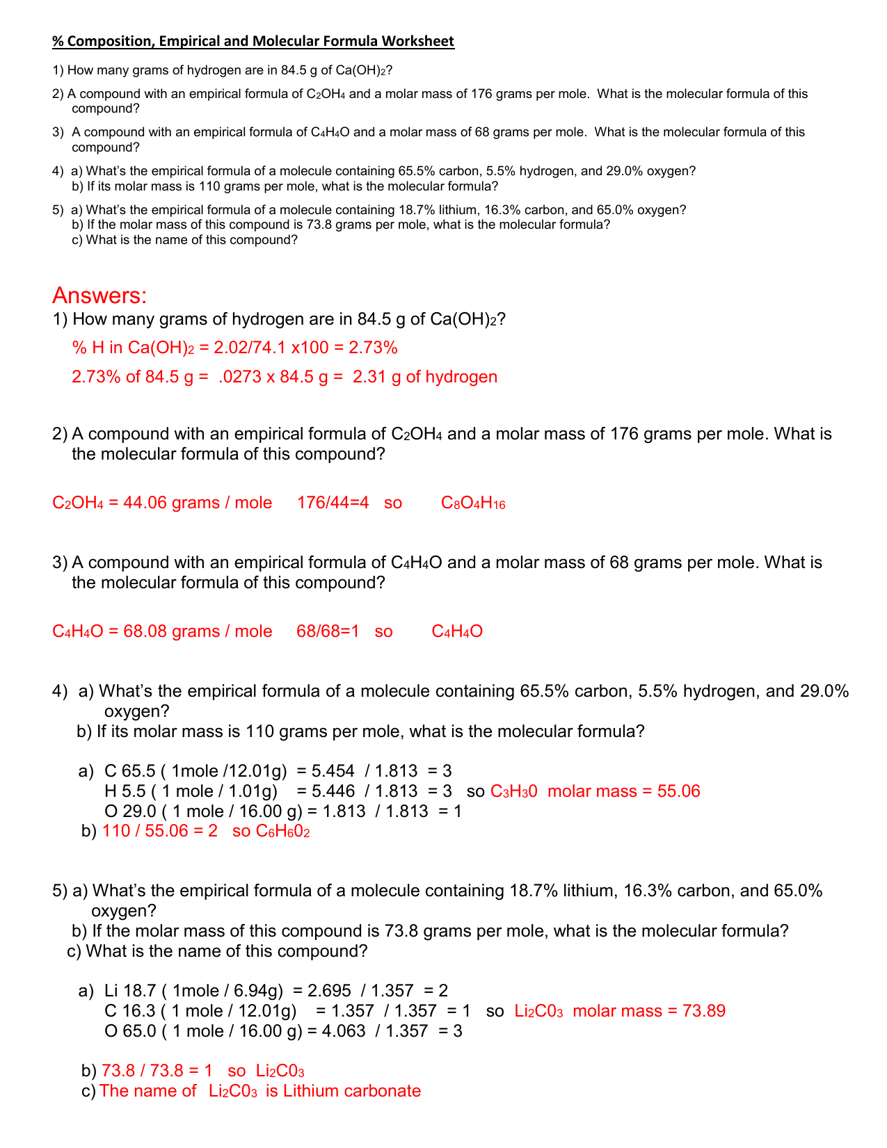 Extra Practice with Answers for Empirical and Molecular Formulas Regarding Empirical And Molecular Formulas Worksheet