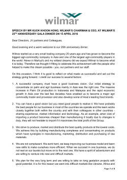 SPEECH BY MR KUOK KHOON HONG, WILMAR`S CHAIRMAN