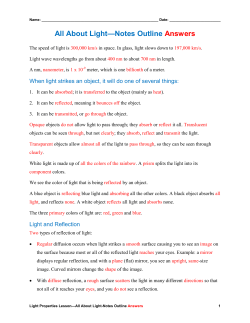 All About Light&mdash;Notes Outline Answers