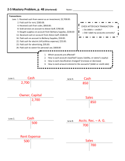 Cash 2,700 Owner, Capital 2,700 Cash 500 Rent Expense 500