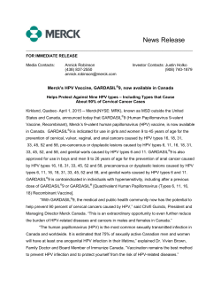 Merck`s HPV Vaccine, GARDASIL&reg;9, now available in Canada
