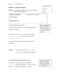 Section 1.9 Inverse Functions Important Vocabulary