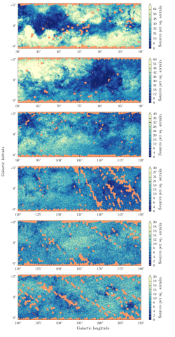 Galactic longitude Galactic latitude Sources p er sq. arcmin