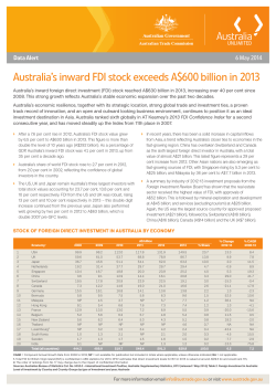 Australia`s inward FDI stock exceeds A$600 billion in 2013