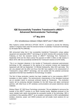 IQE Successfully Transfers Translucent`s cREO&trade; Advanced