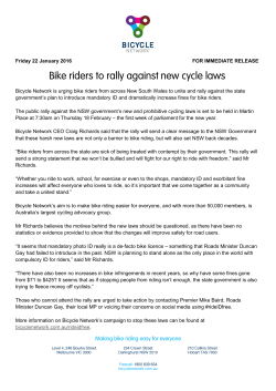 22 January 2016: Bike riders to rally against new