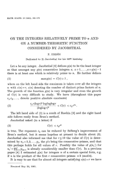ON THE INTEGERS RELATIVELY PRIME TO n AND ON A