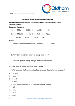 A Level Chemistry Holiday Homework