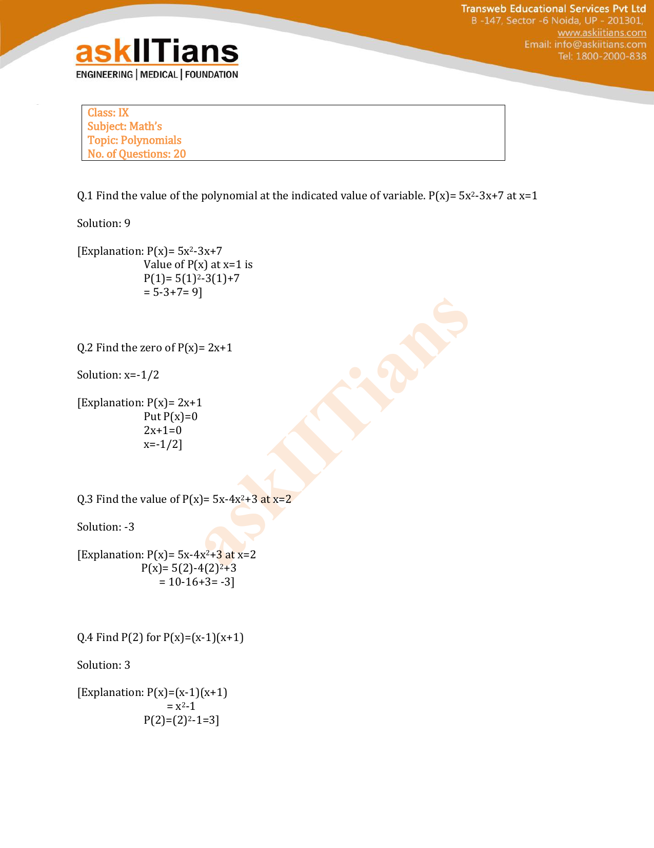 Class Ix Subject Math S Topic Polynomials No Of