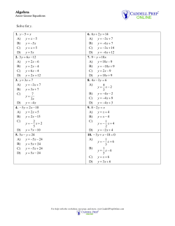 Algebra Solve for y. 1. x y =&minus; 5 A) 5 &minus;= xy B) x y 5